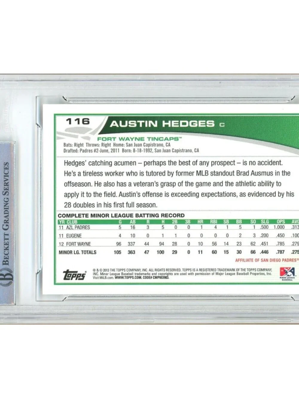 Austin Hedges Signed 2013 Topps Pro Debut #116 Minor League Card Beckett BAS